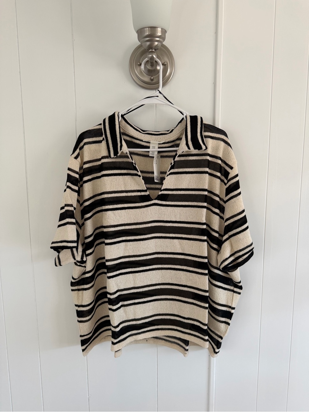 NWT H&M Striped Collared Knitted Short Sleeve Top, Beige/Black, Size 4XL